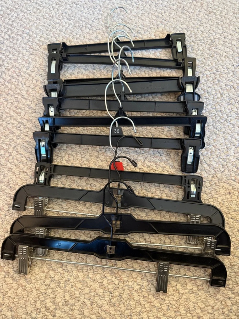Black Plastic Hangers w/Clips. Set of 11. 14” long. For Skirts, Pants, Slacks.